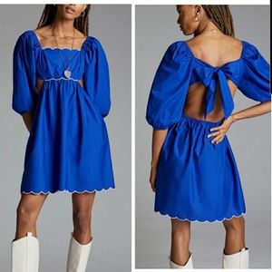 Anthropologie NWT Mini Dress Back Knot Cut-out Puff Sleeve Scallop Trim …